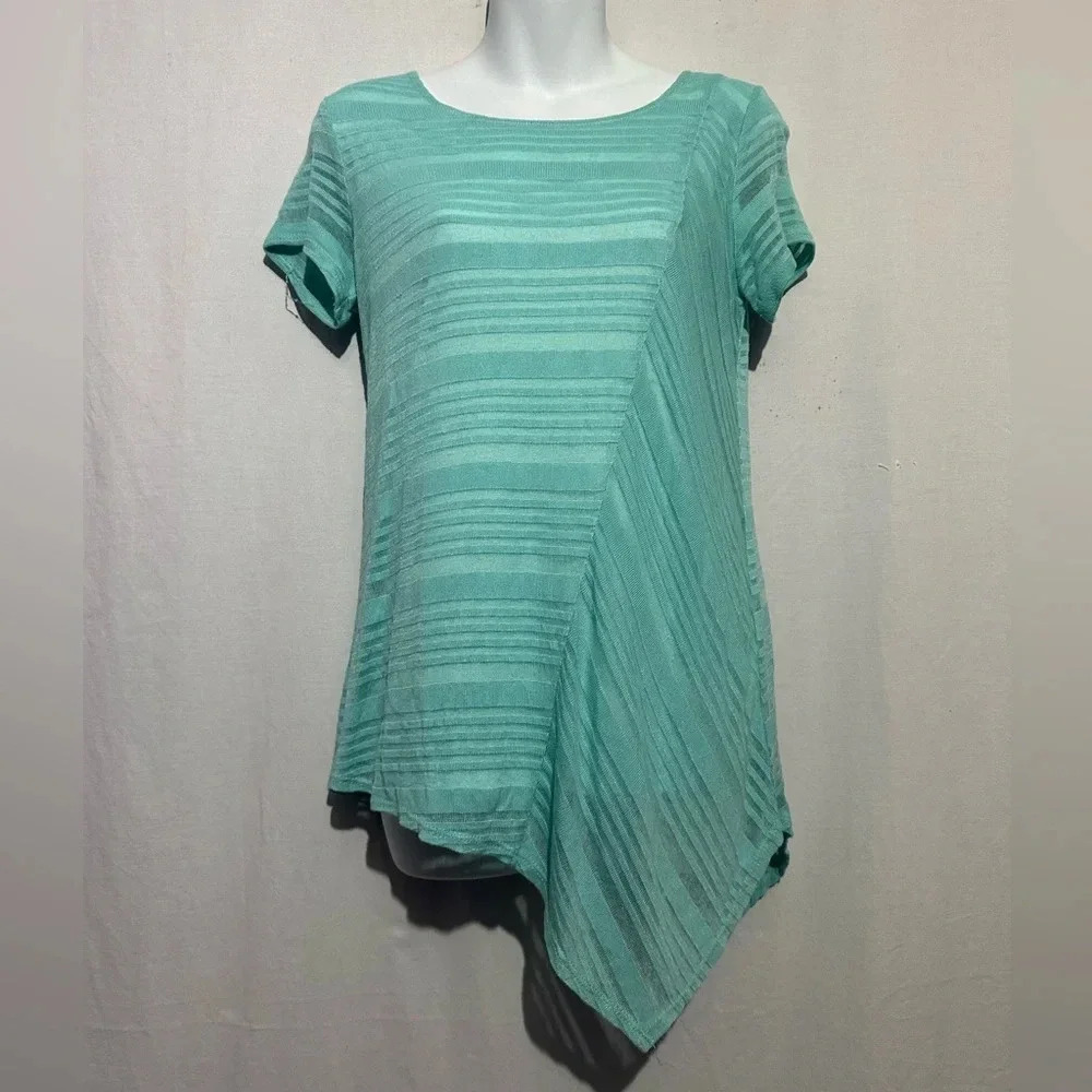 AB Studio Geometric Striped Blouse | Tiffany Blue | Size Medium